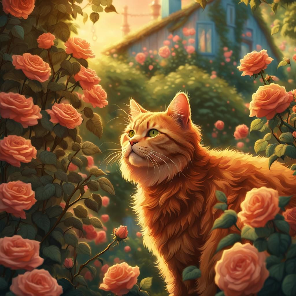 Ginger Cat in Whimsical Rose Garden, Fantasy Art