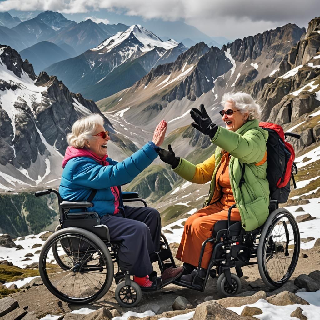 Elderly Women High-Fiving on Mountain Peak