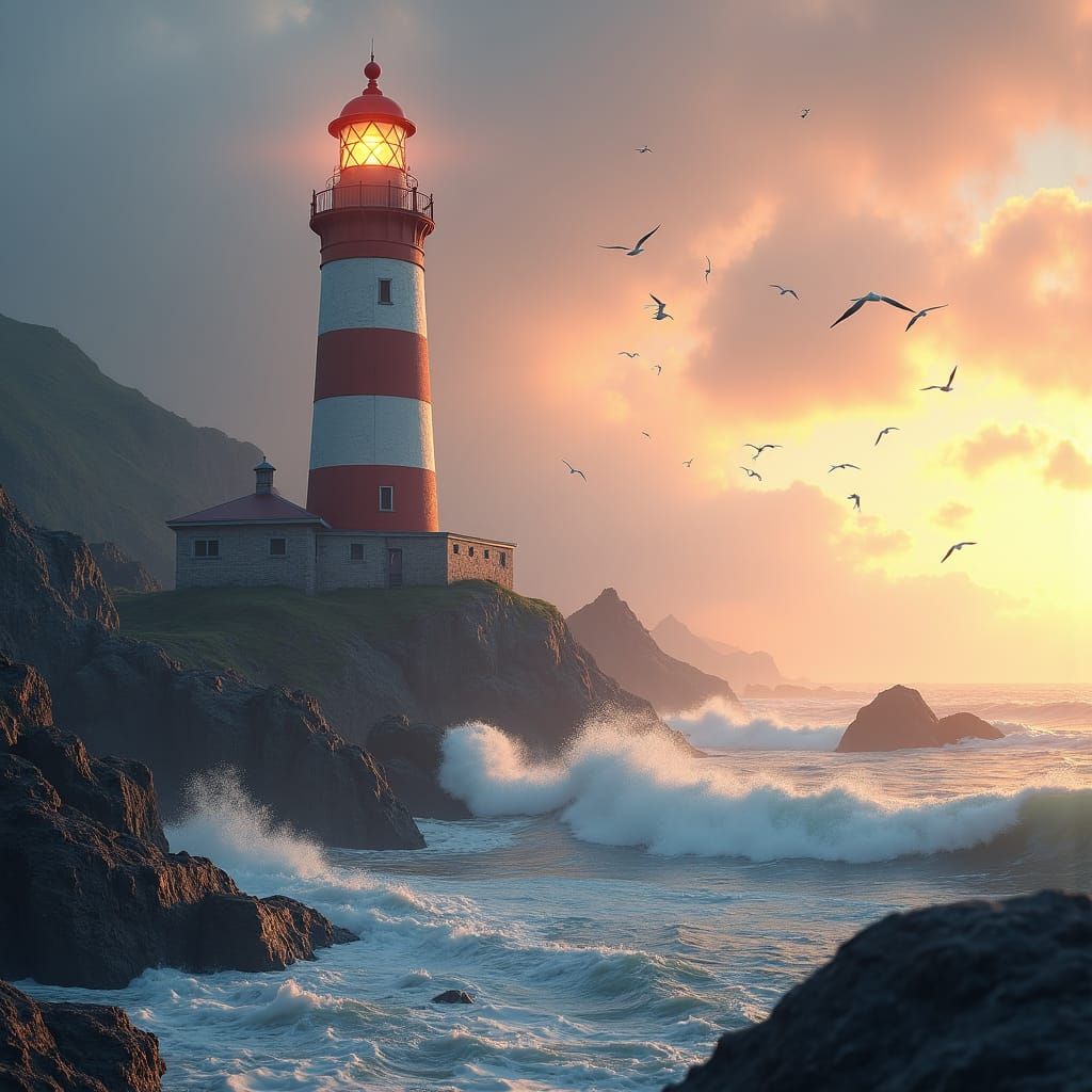 Lighthouse Beacon Illuminates Dusk Seascape