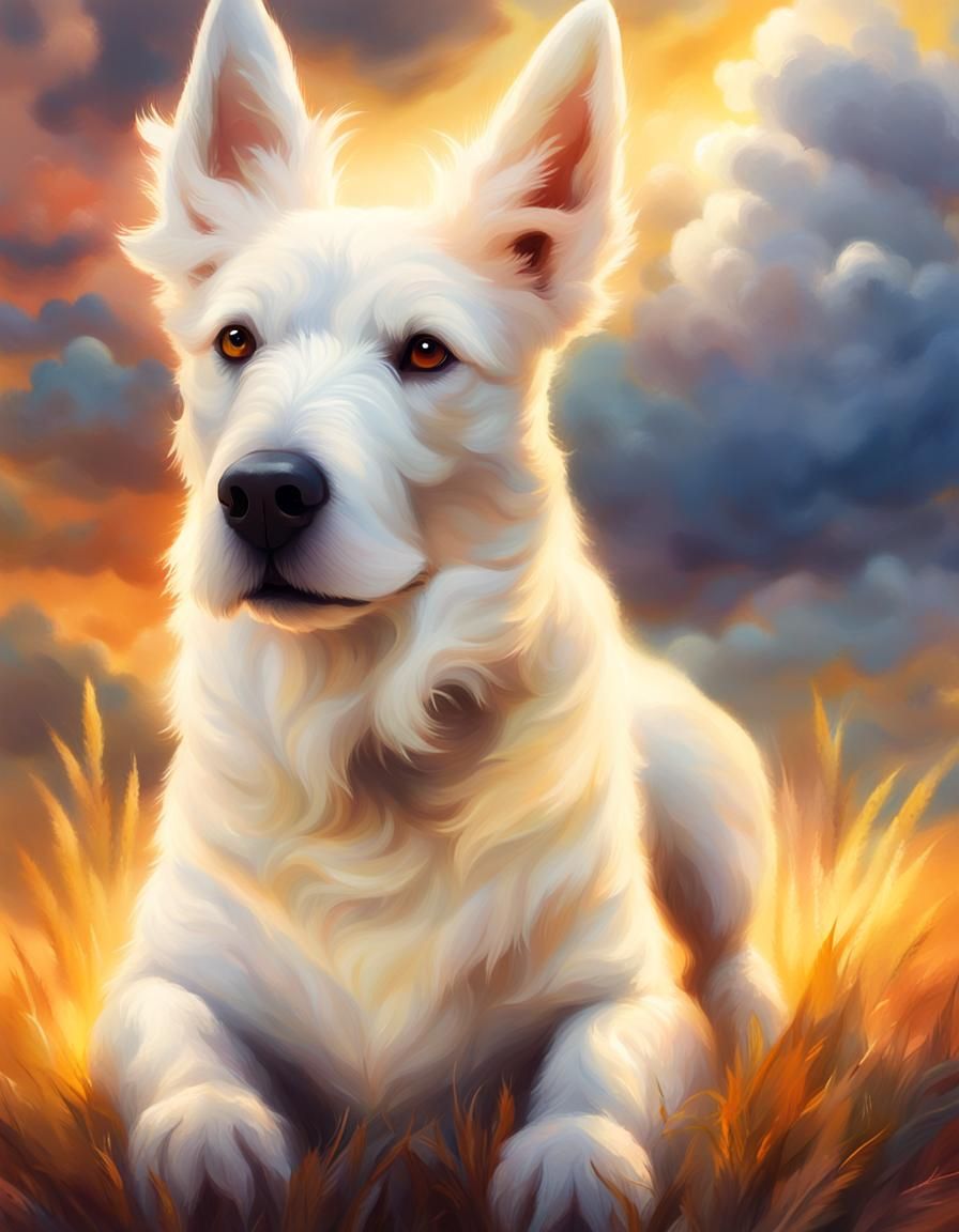 Proud White Dog in Majestic Landscape
