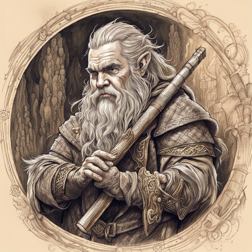 Dwarven Bard Sketch in Crosshatch Illustration Style
