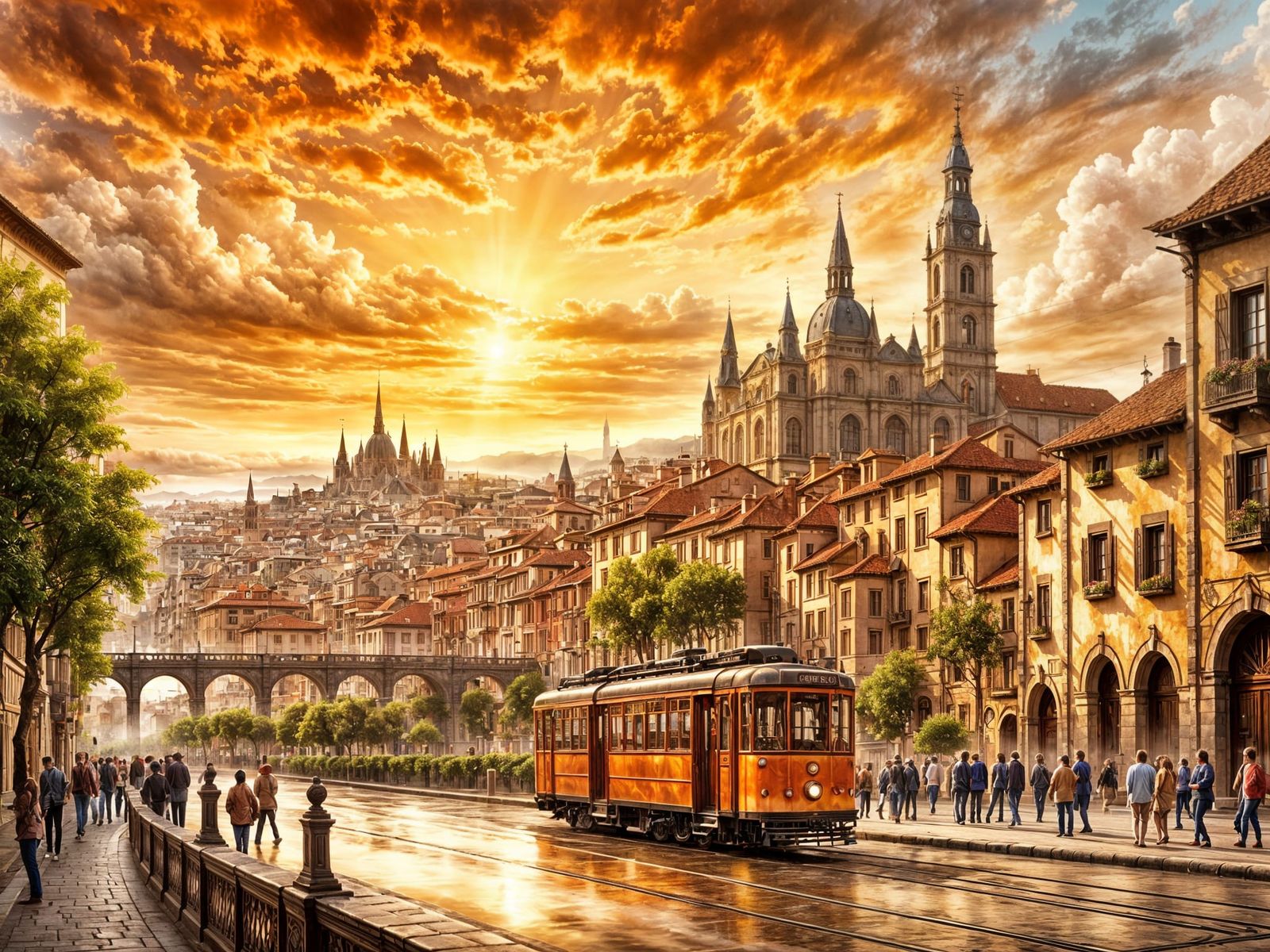Joyful European City at Golden Hour in Watercolor Style