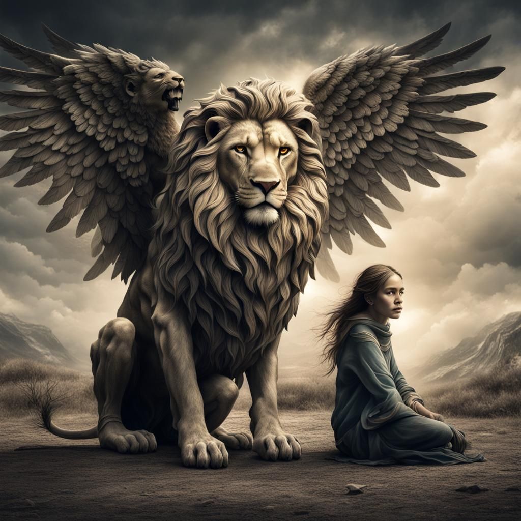 Majestic Lion-Woman Hybrid with Angel Wings