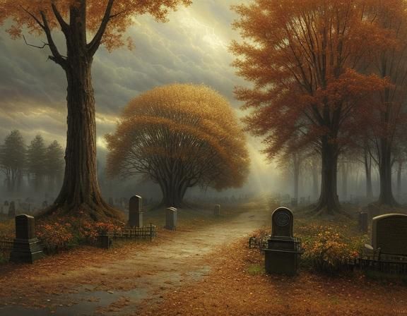 Eerie Autumn Cemetery Gateway Oil Painting