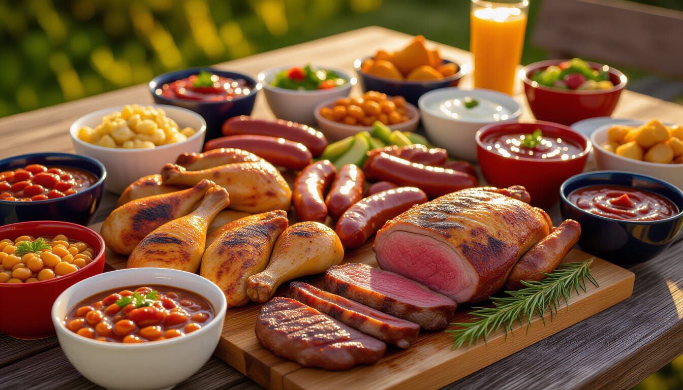 Abundant Outdoor BBQ Feast Under Golden Hour Light