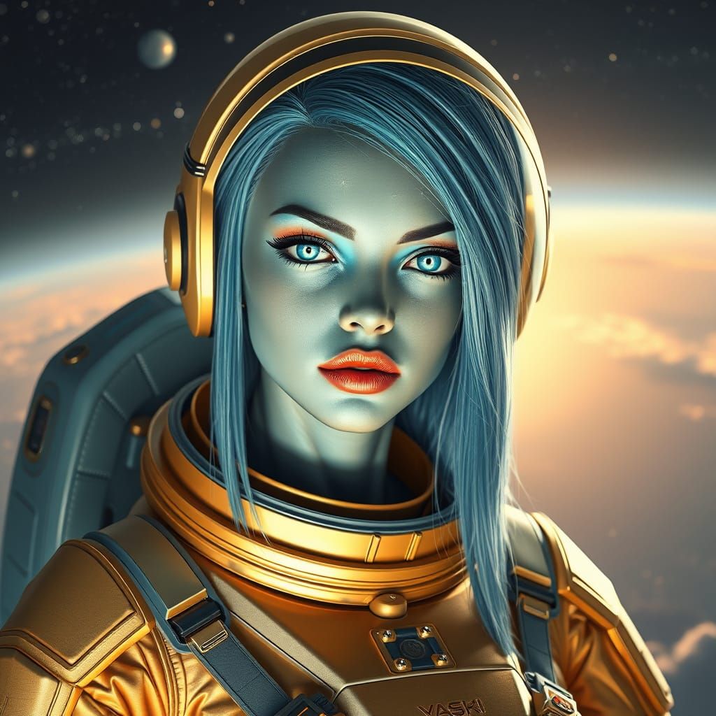 A Luminous Alien Astronaut with Radiant, Turquoise Skin in a...