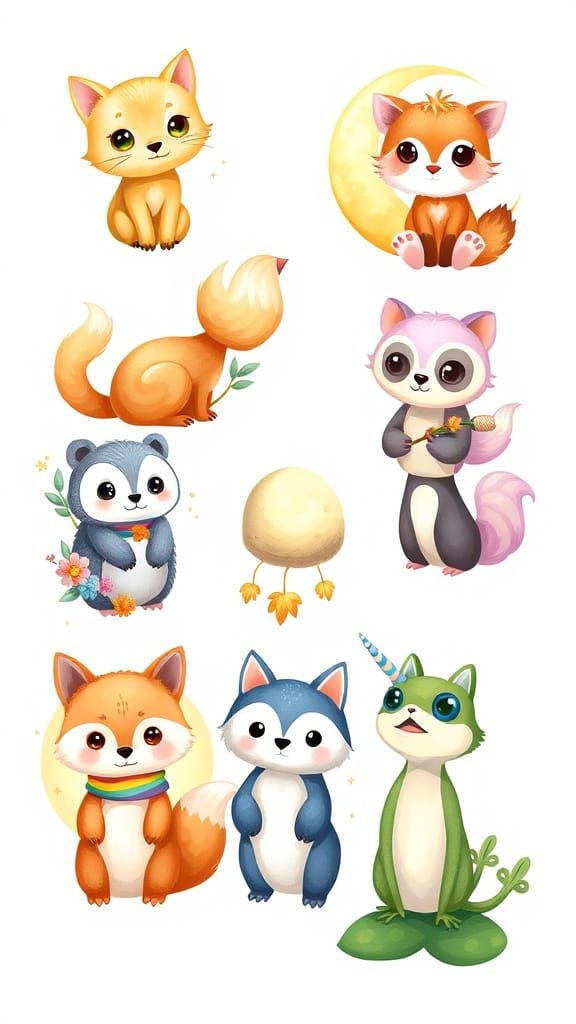 Whimsical Chibi Animal Clipart in Vibrant Colors