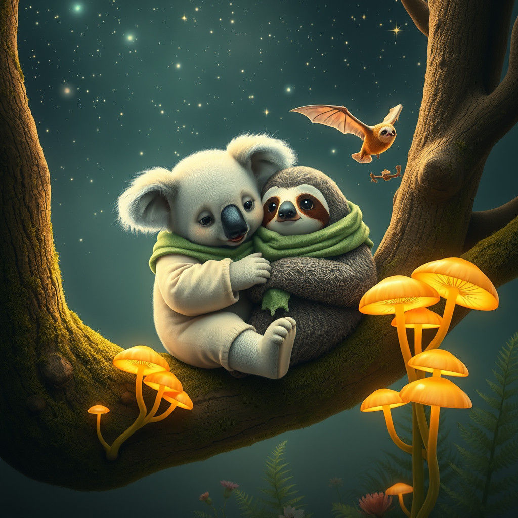 Koala and Sloth Cuddle Under Starry Sky