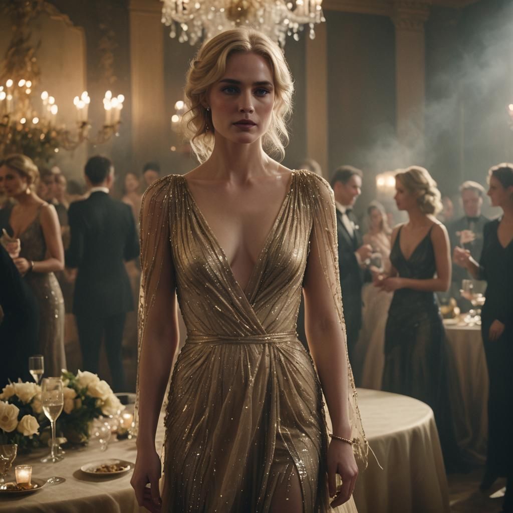 Ethereal Figure at Opulent Party: Cinematic Glamour