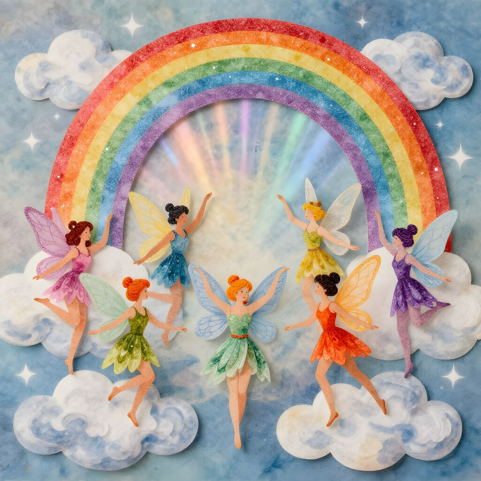 Rainbow Faeries Conjuring a Glittering Rainbow in Clouds