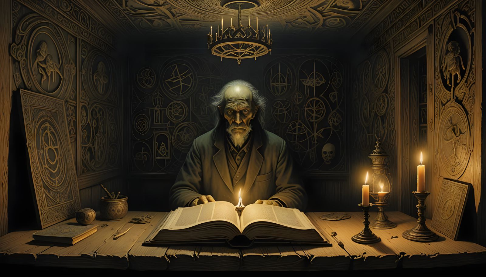 Mysterious Leather-Bound Tome Illuminated by Flickering Cand...