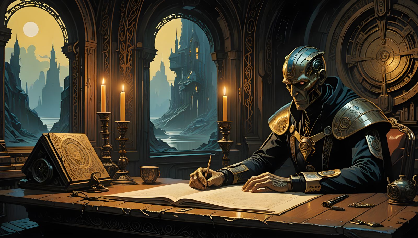 Mystical Scribe Illuminates Ancient Tomes by Candlelight