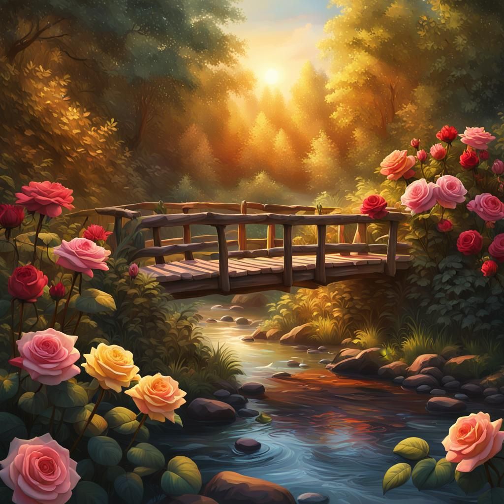 Vibrant Roses Along Lush Forest Stream in Grandiose Oil Pain...
