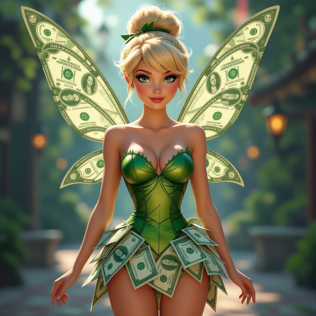 Tinker Bell in Dollar Bill Outfit, Detailed Fantasy Art