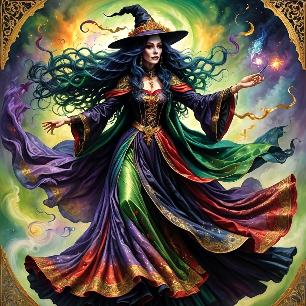 Enchanting Witch Rides Magic Carpet in Surreal Forest