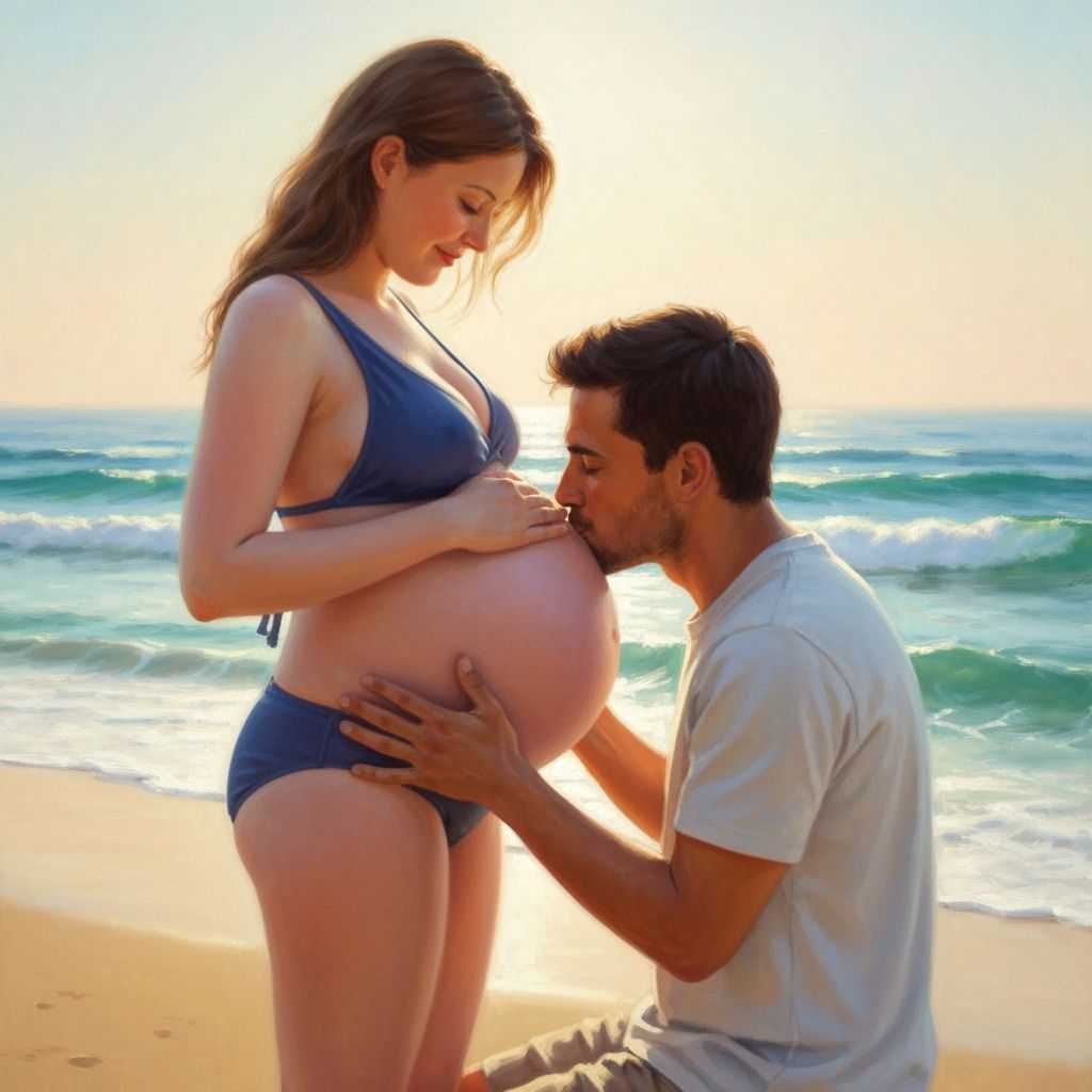 Pregnant Woman and Man Kissing Belly on Sunny Beach Oil Pain...
