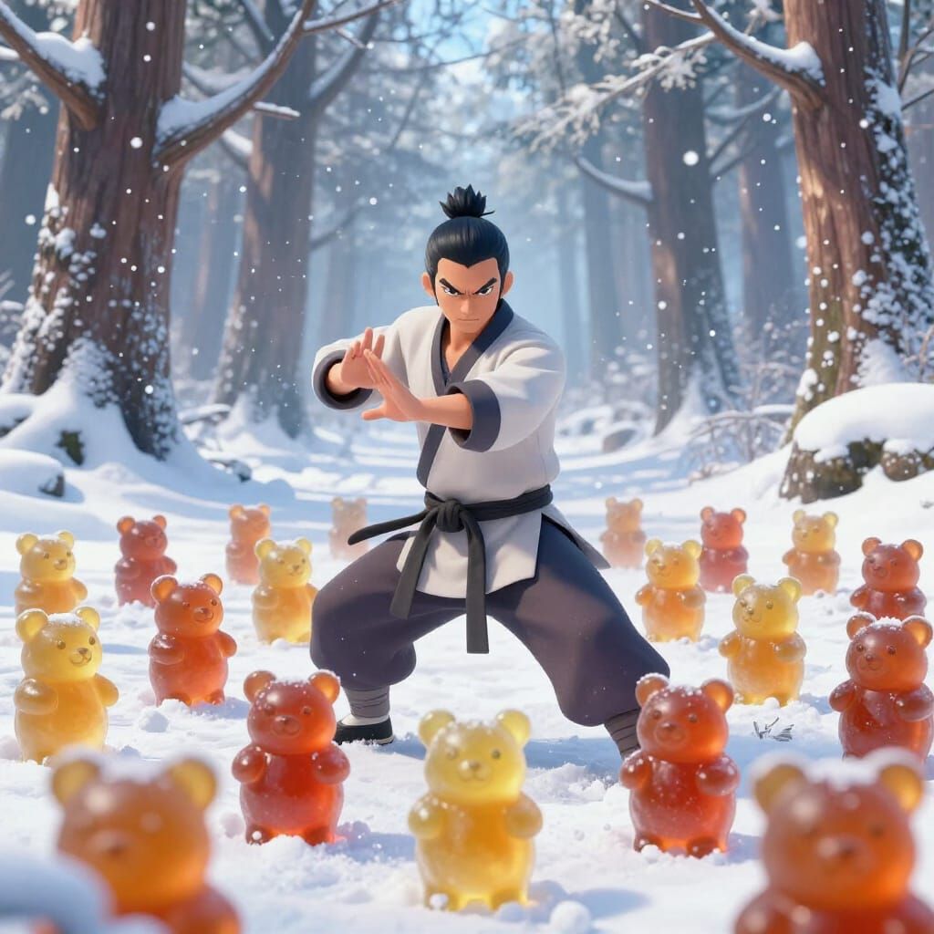 Kung Fu Master Battles Gummy Bears in Snowy Anime Style