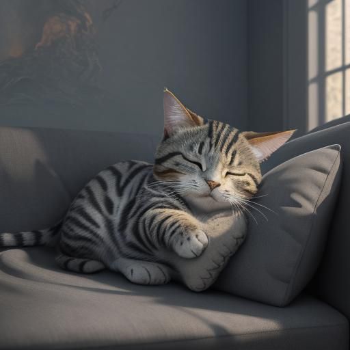 Peaceful Tabby Cat Sleeping: Detailed Matte Painting