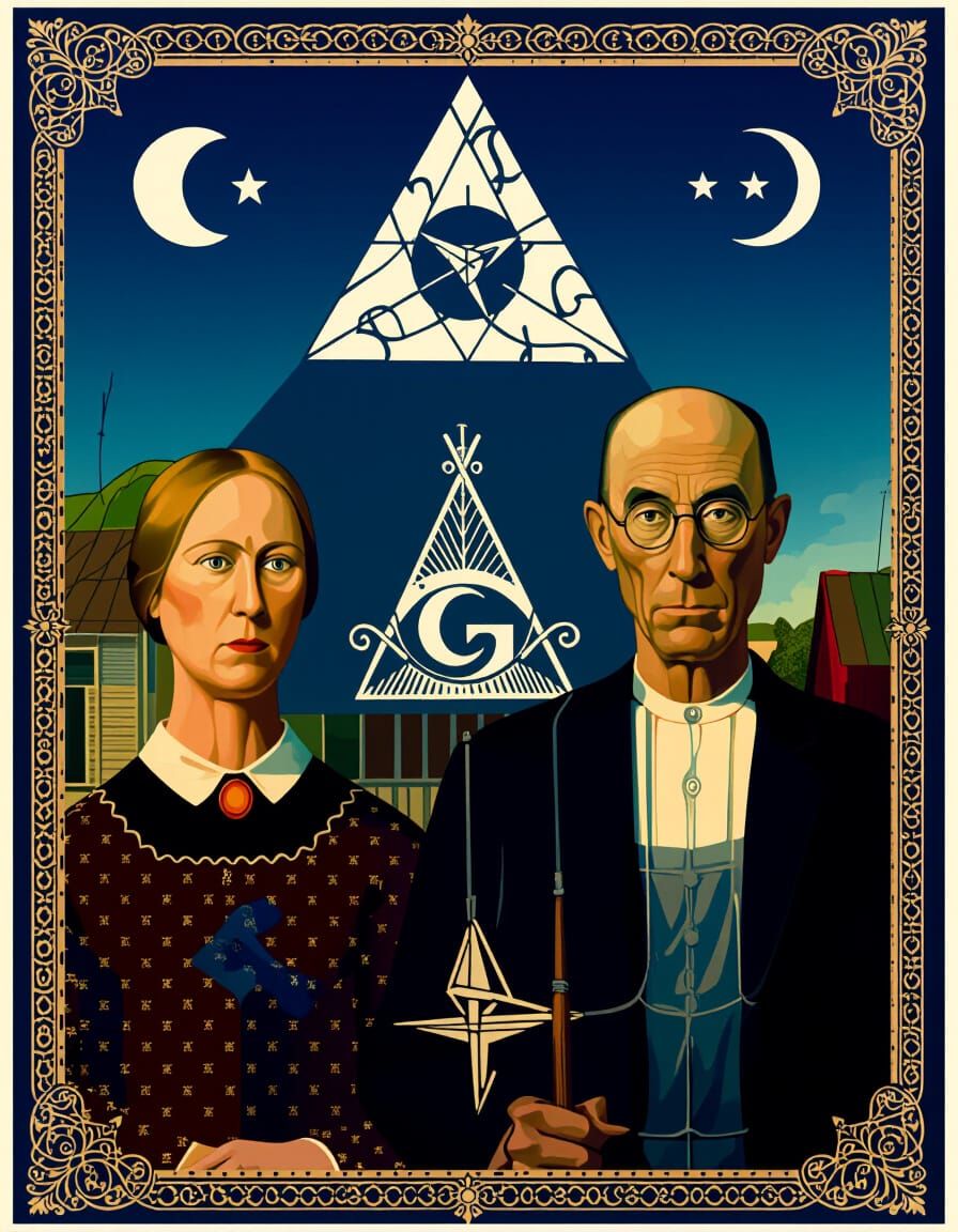 American Gothic Reimagined with Illuminati Symbolism