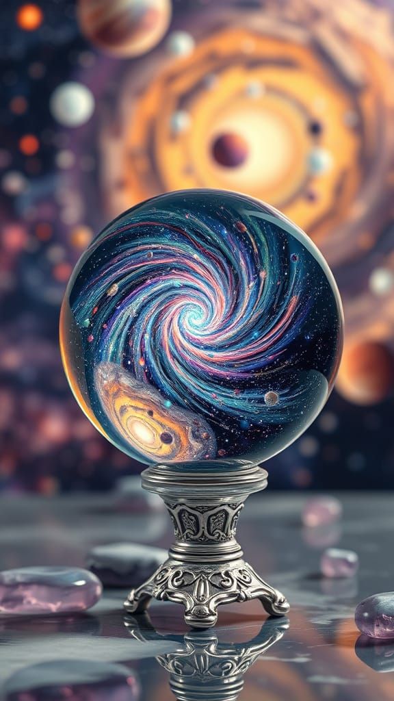 Cosmic Glass Orb in Dreamlike Universe Scene