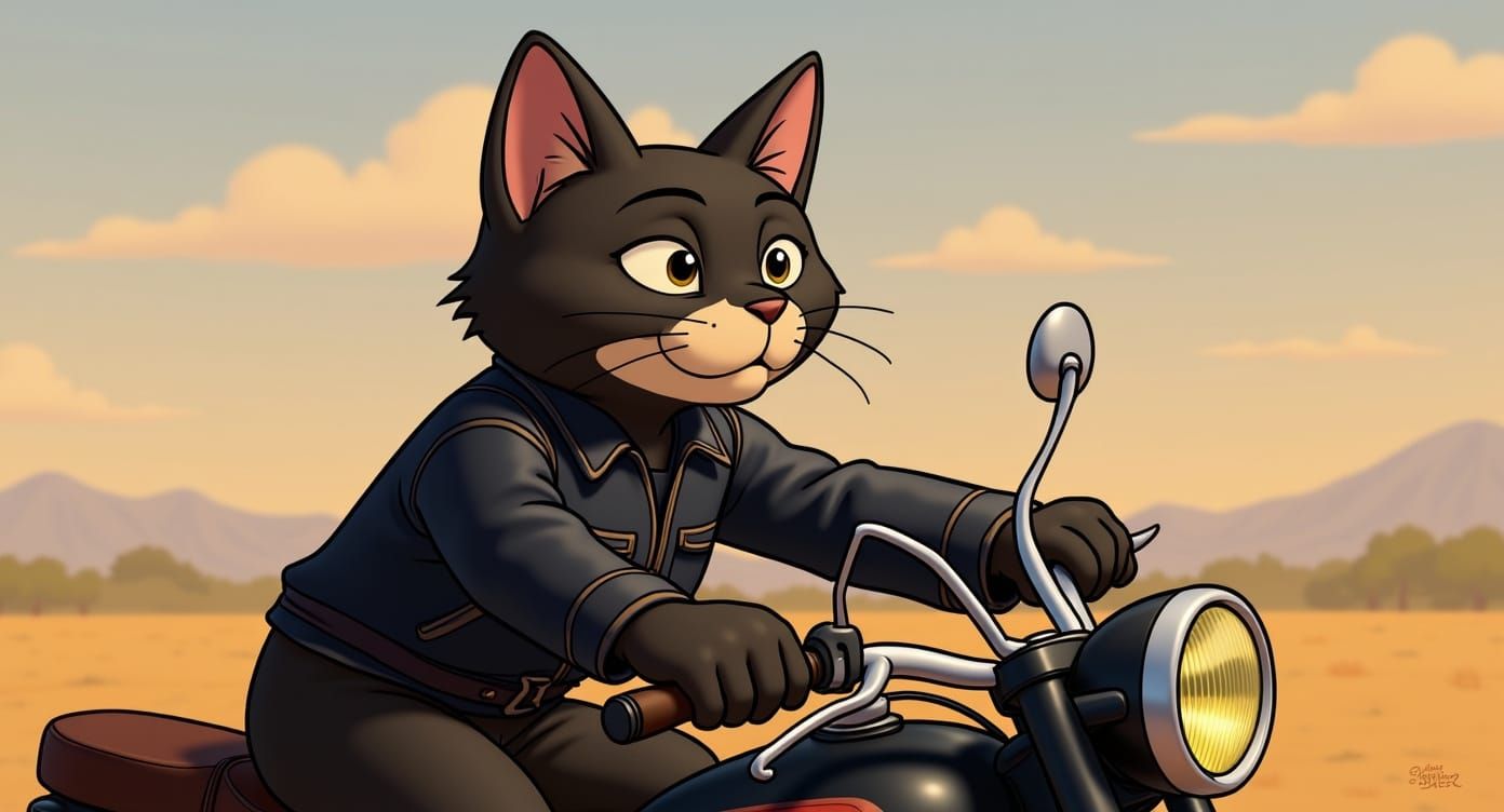 Cartoon Cat Biker in 1950s Disney Animation Style