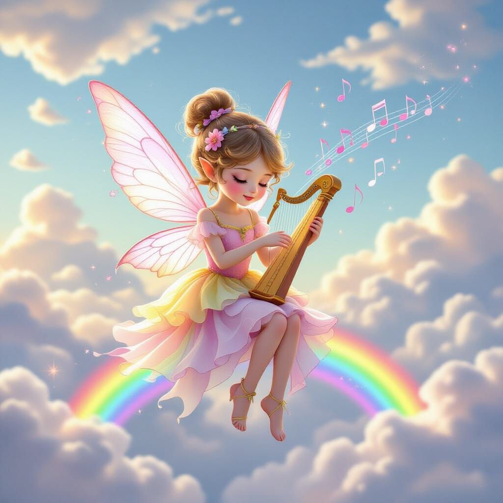 Cute Fairy Plays Harp on Rainbow in Dreamlike Sky