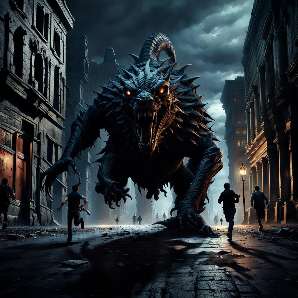 Hyper realistic morbid creature chasing
 people running scar...