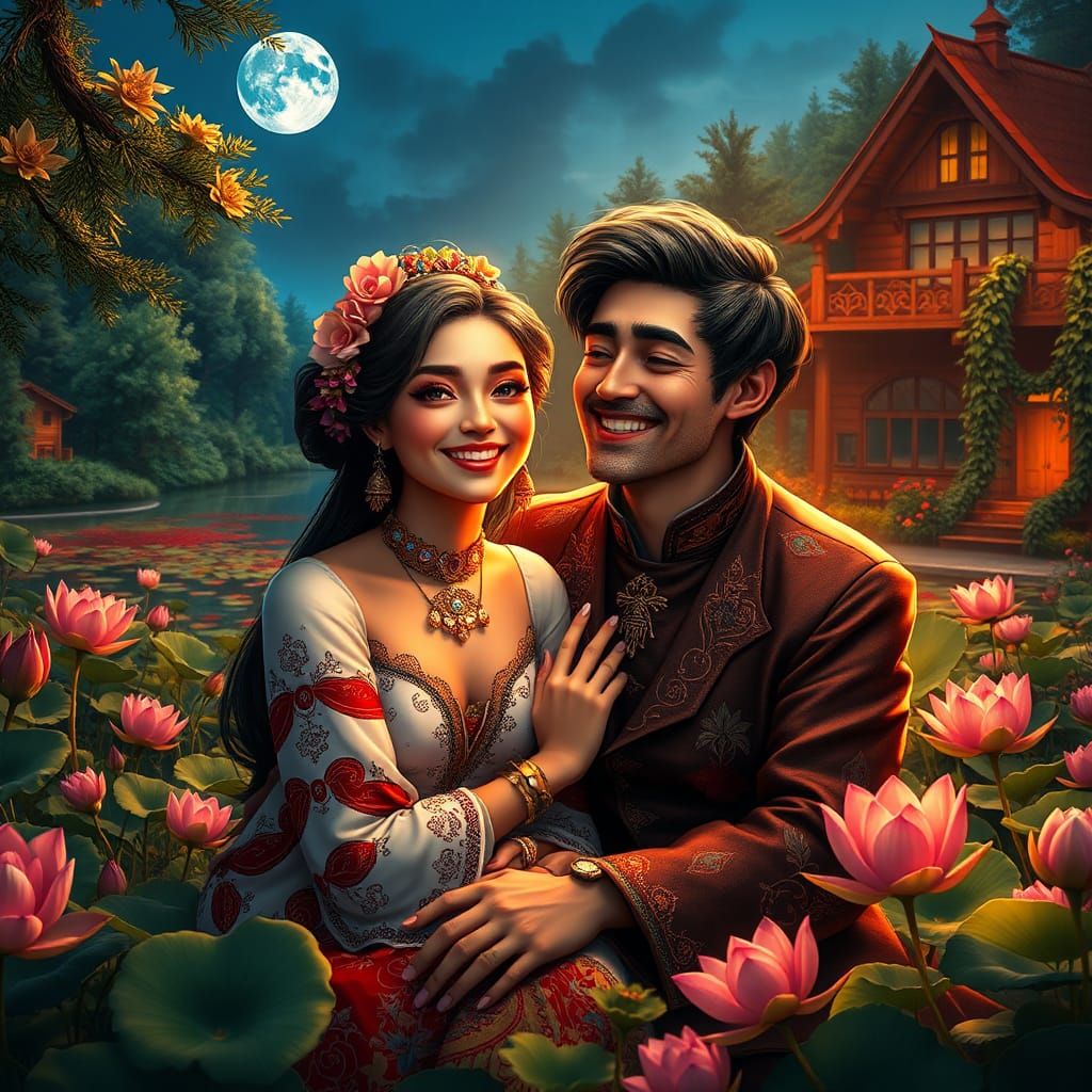 Romantic Couple in Russian Village Fantasy Art