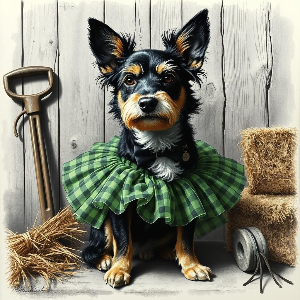 An australian stumpy tailed cattle dog wearing a green and b...
