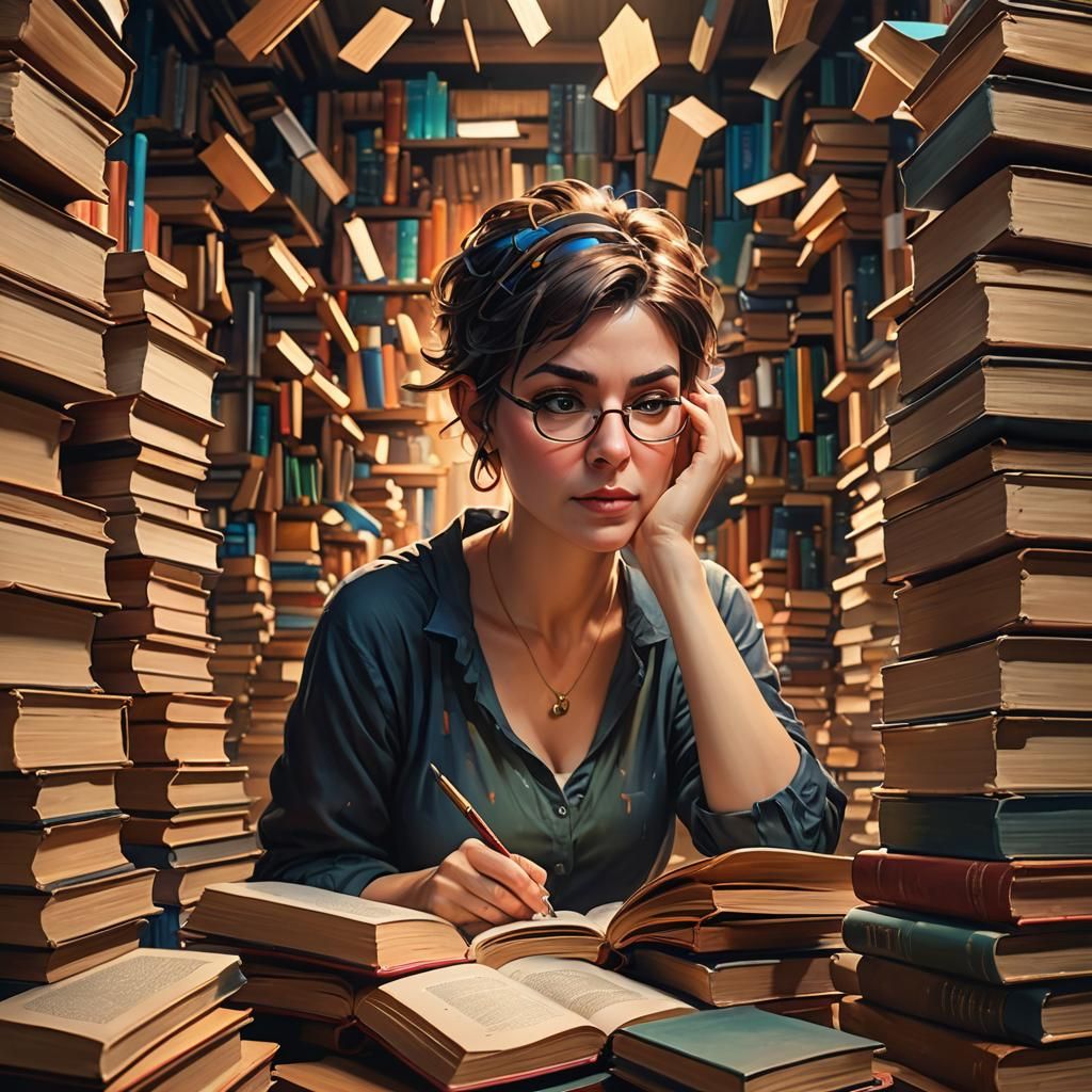 Tired Pixie Woman Studying Surrounded by Books