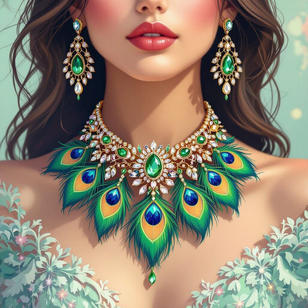 Woman's Peacock Necklace in Dreamy Digital Art Style