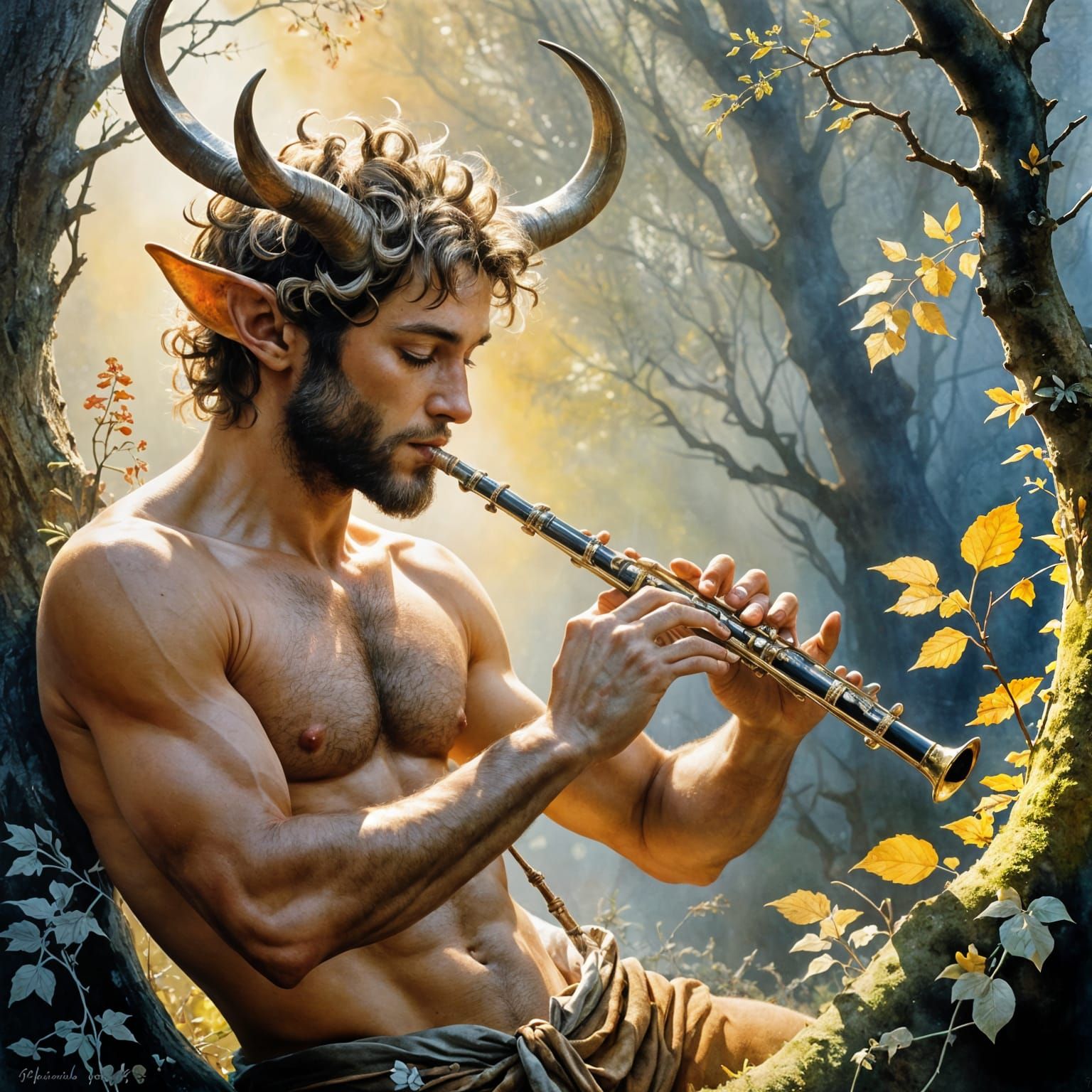 The horned faun plays his flute