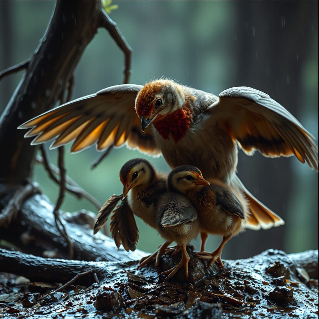 Mother Bird Protecting Chicks in Rain: Oil Painting