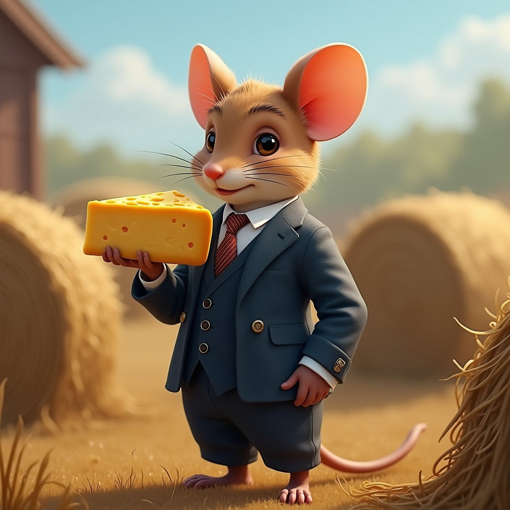 Sophisticated Mouse in Navy Suit Enjoys Cheese