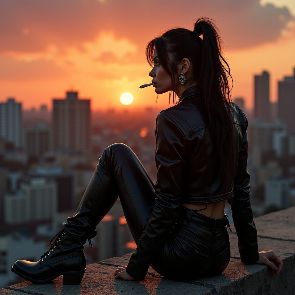 Badass Brunette Woman on Rooftop at Sunset