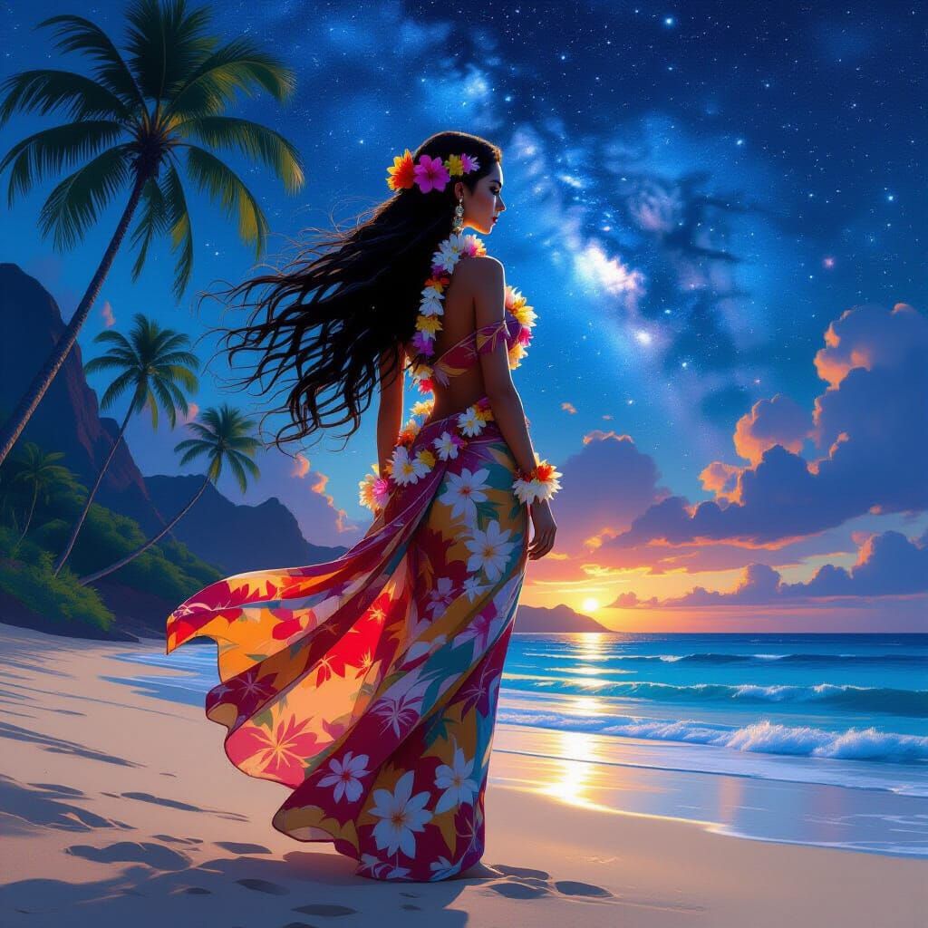 Hawaiian Goddess on Beach with Nebula Sky