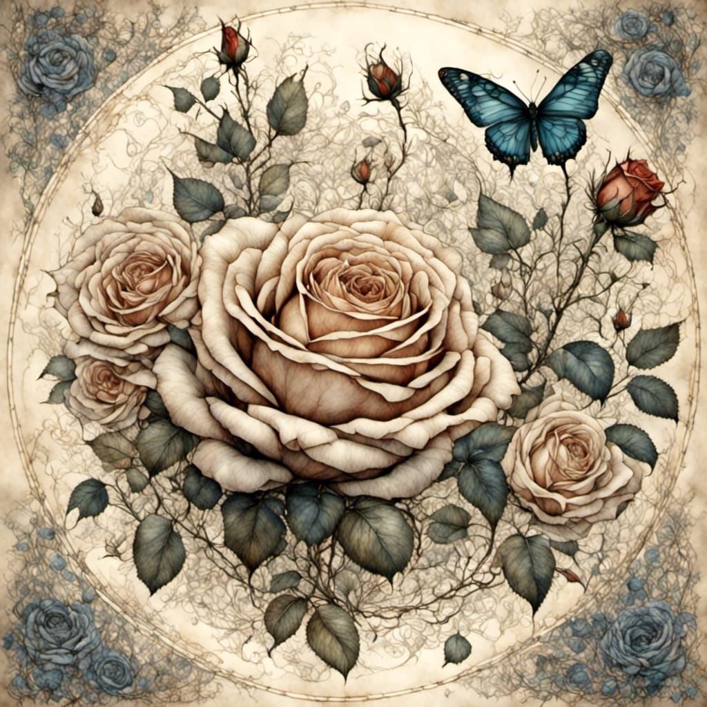 Rose in Art Brut Style on Parchment