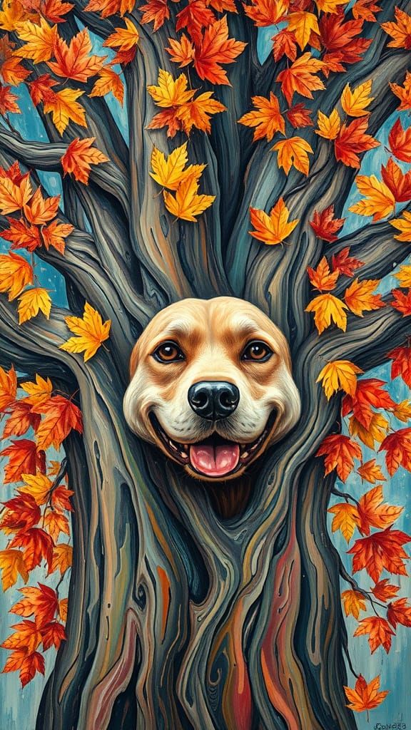 A Joyful Tree Dog in Neo-Impressionist Style
