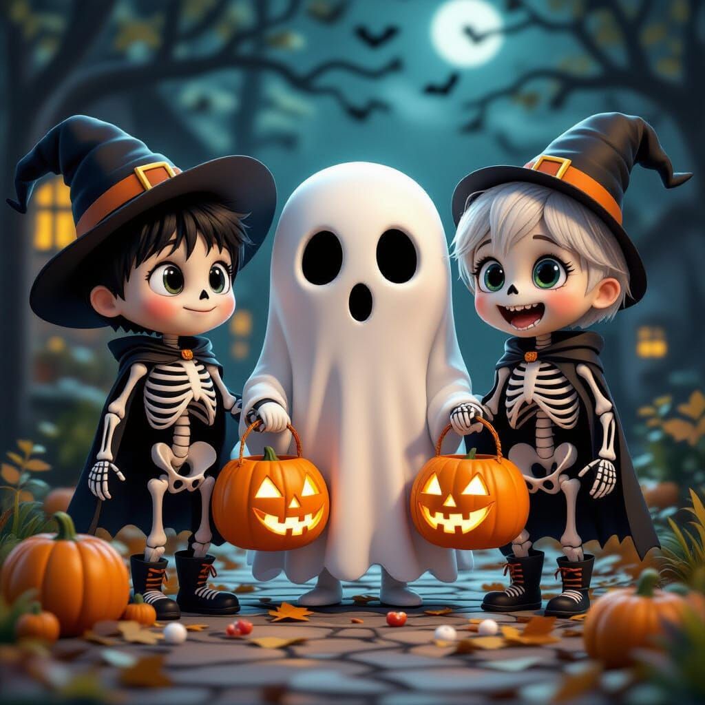Skeleton Kids Trick-or-Treating in Tim Burton Style