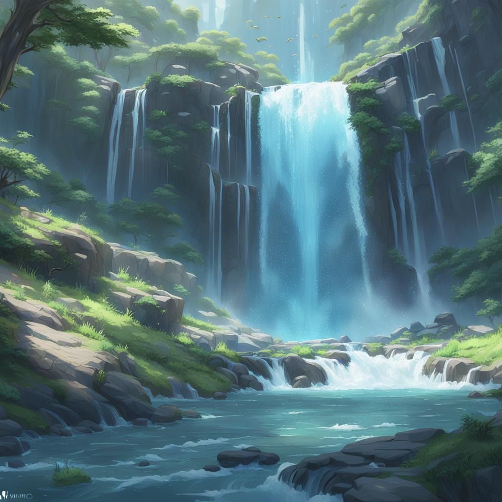 waterfall close up By artist "anime", 3d anime art, inspired by WLOP, Artstation, #genshinimpact pixiv, extremely detail...