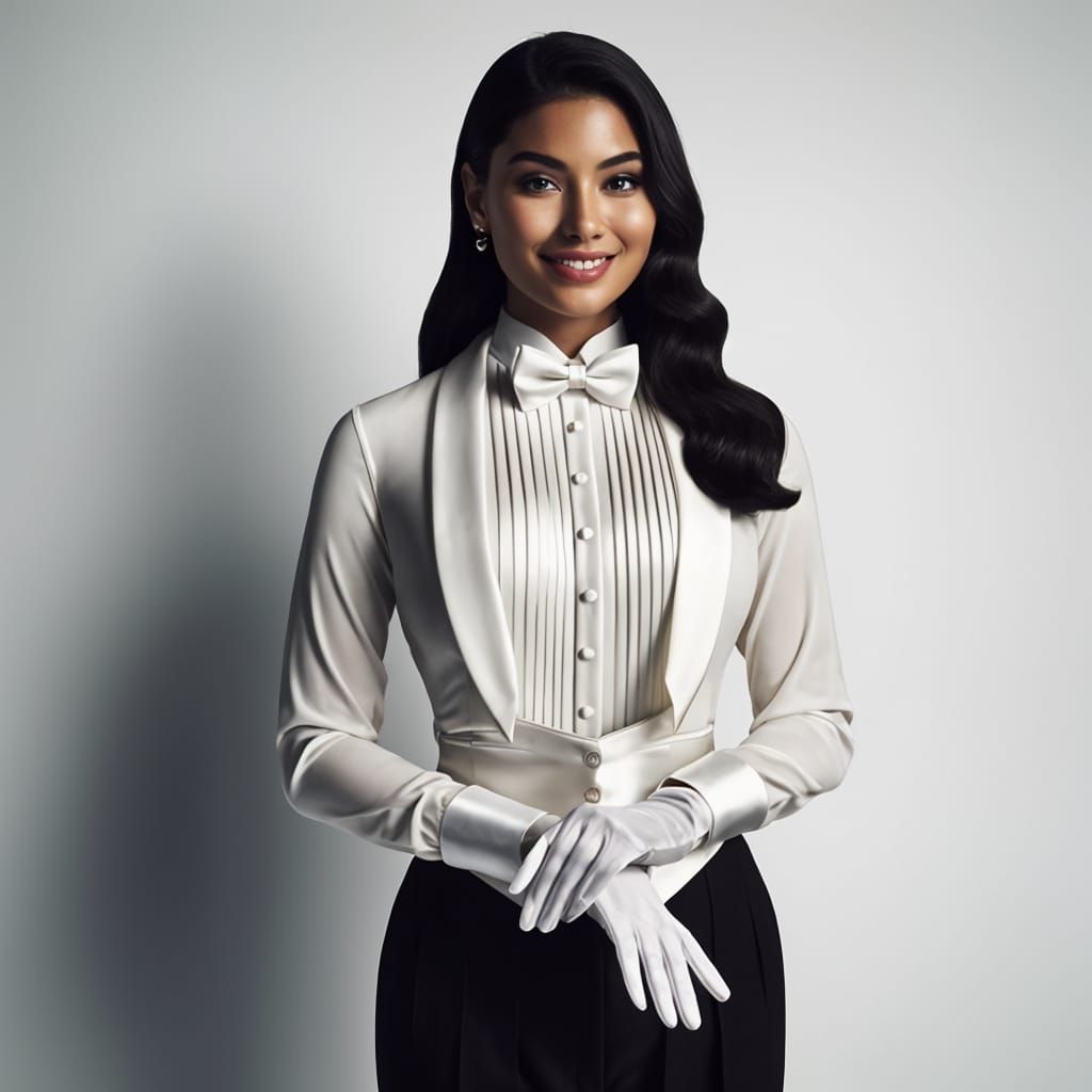 Confident South Asian Woman in Elegent White Tie Attire, Fan...