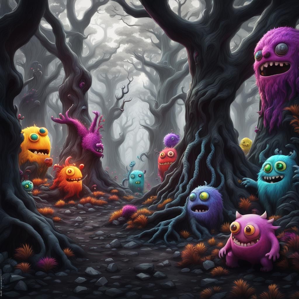 Colorful Monsters in a Dark Forest, Matte Painting