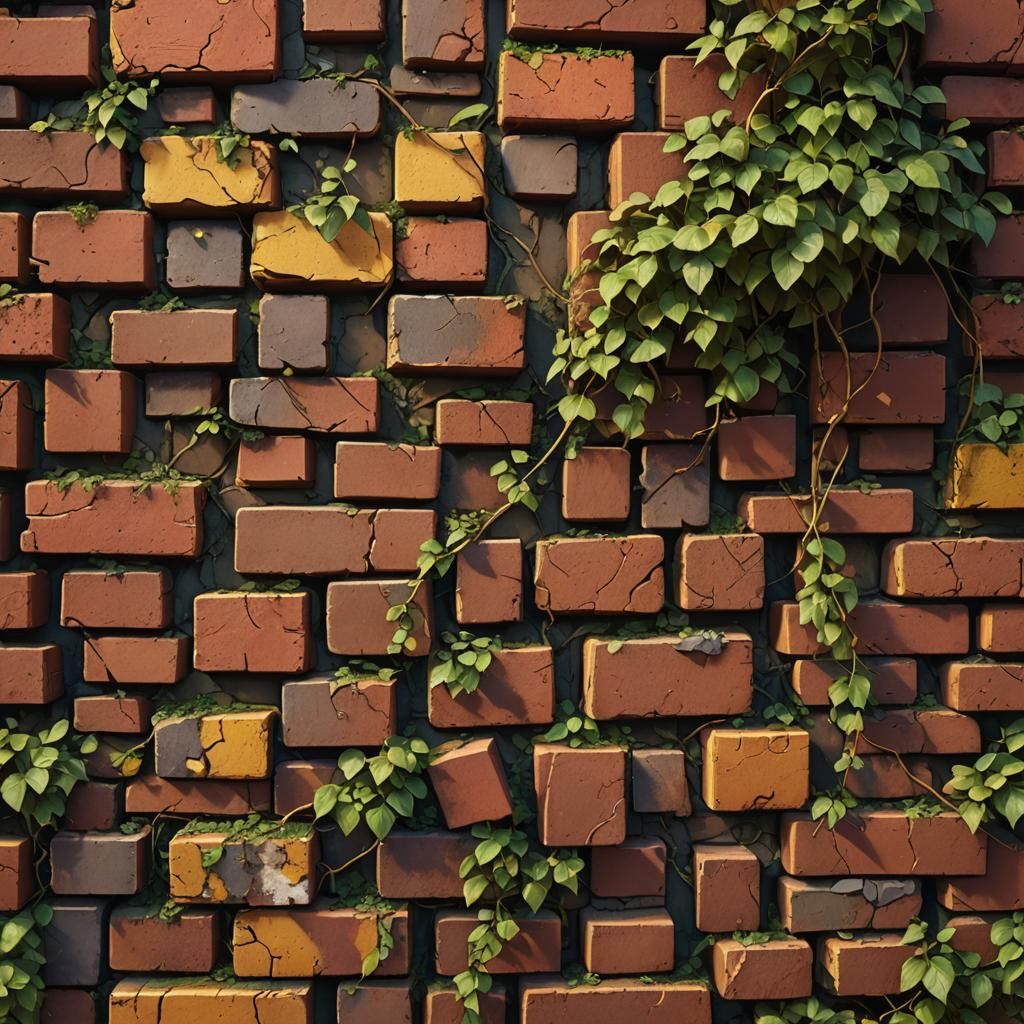 Detailed Digital Art of Damaged Bricks with Vines
