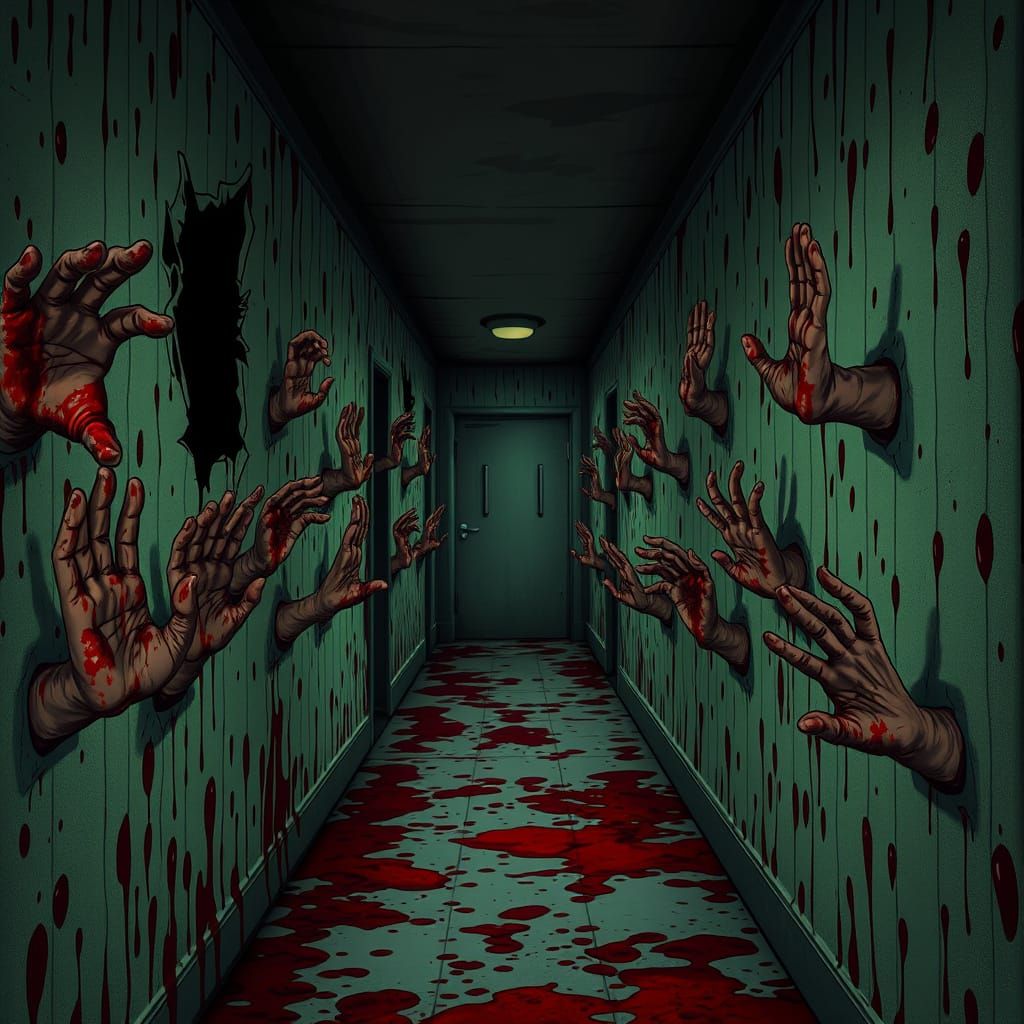 Horror Hallway With Twitching Hands Emerging from Walls