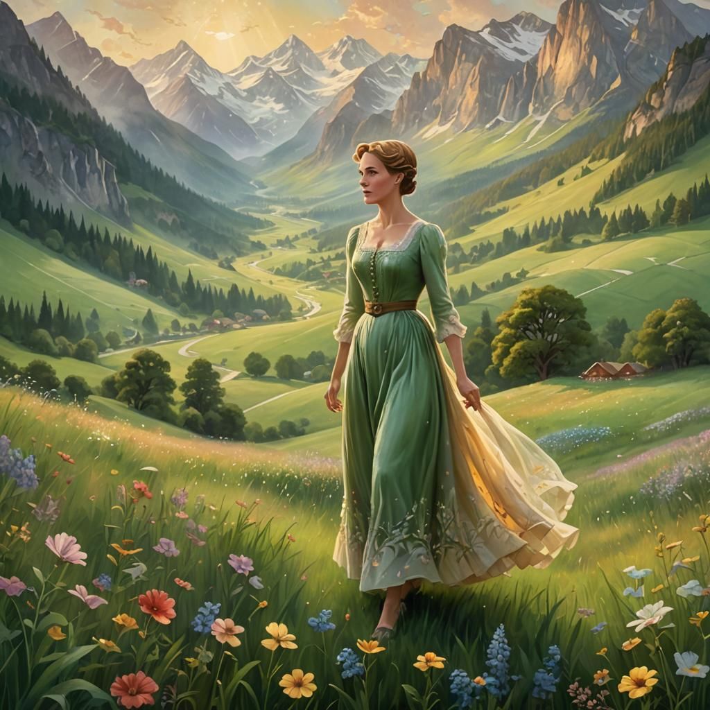 Maria in Meadow: Ethereal Oil Painting