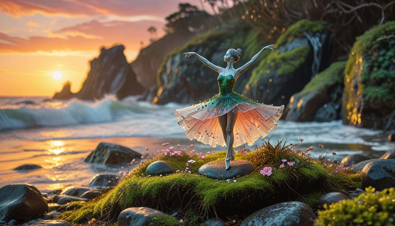 Glass Ballerina Sculpture Balanced on Mossy Rocks