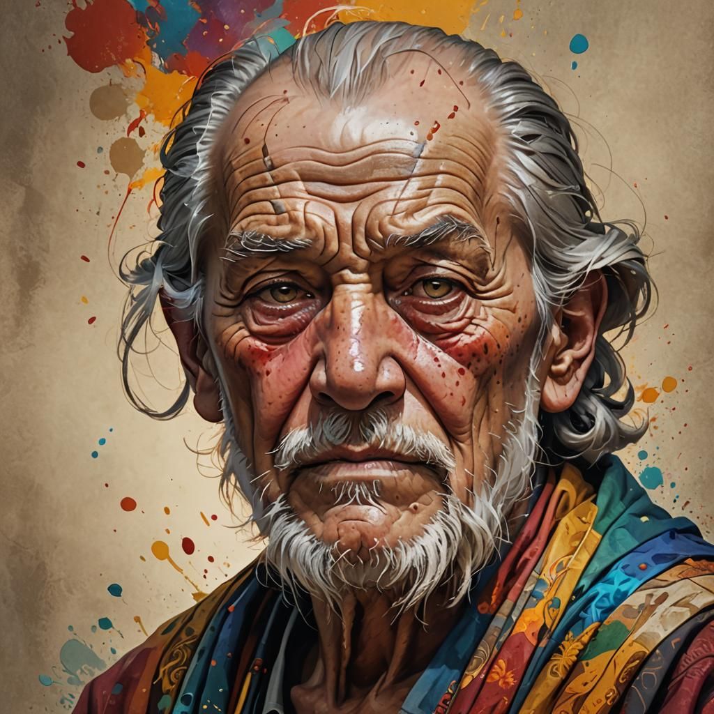 Dramatic Portrait of Wise Old Man in Splash Art Style