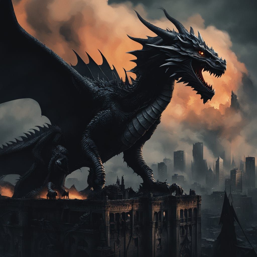 Dark Fantasy Dragon Descends Upon Ash-Engulfed Metropolis