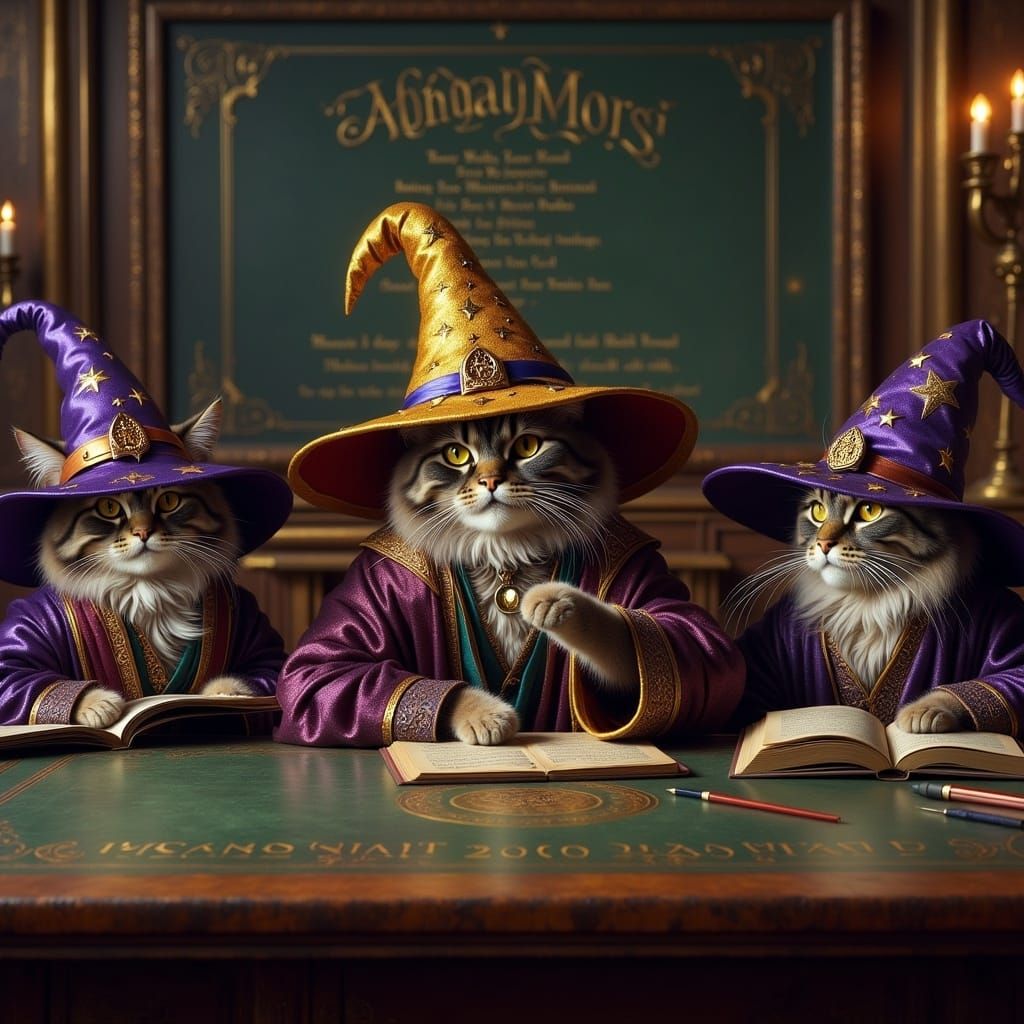 Wizard Cats in Magical School Classroom