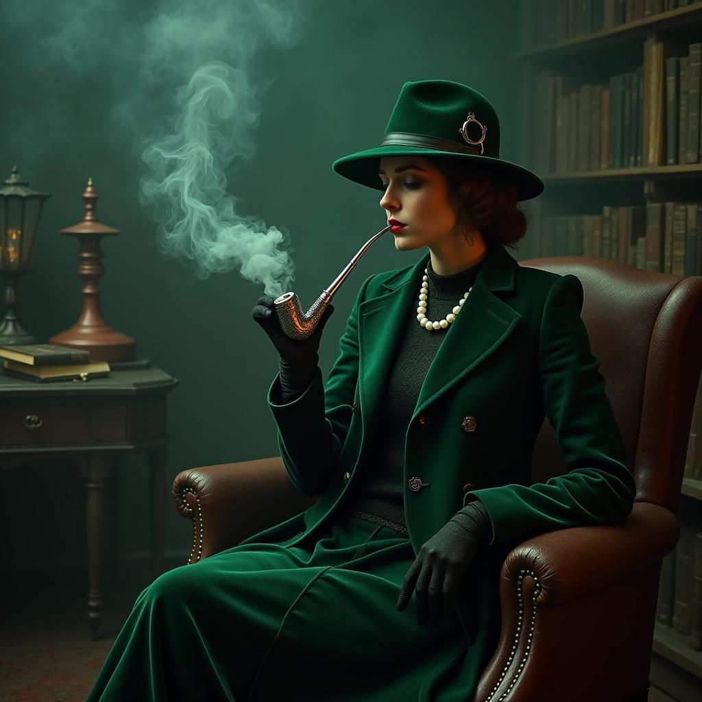 Mysterious Detective Smoking Pipe in Sci-Fi Noir Style